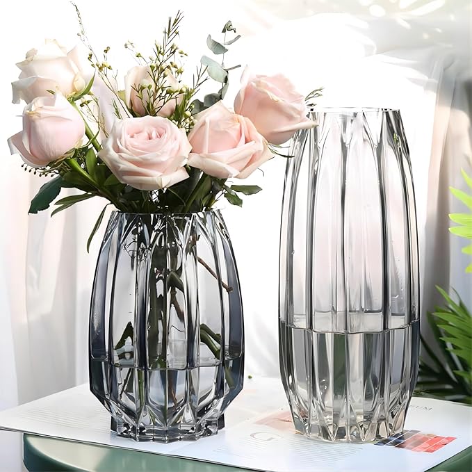 Flower Vase,Glass Vase 11 inch,GIDARY Thickened Clear Ribbed Glass Vase