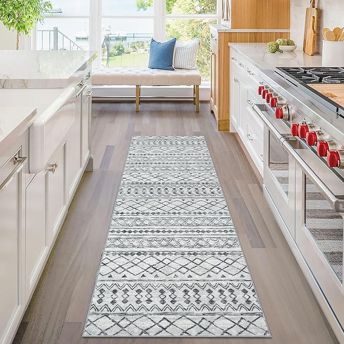 KUTA Moroccan Washable Runner Rug, 2x6 Non-Slip Vintage Grey Boho Rug