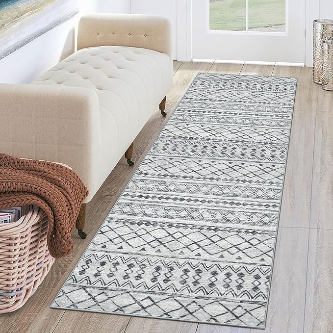 KUTA Moroccan Washable Runner Rug, 2x6 Non-Slip Vintage Grey Boho Rug