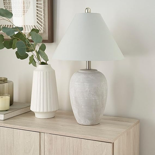 Nourison 23" Grey Vintage Distressed Ceramic Pot Table Lamp for Bedroom